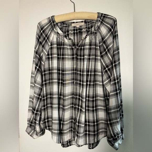LOFT Linen blend Lightweight Peasant Style Plaid Blouse M - Picture 1 of 6